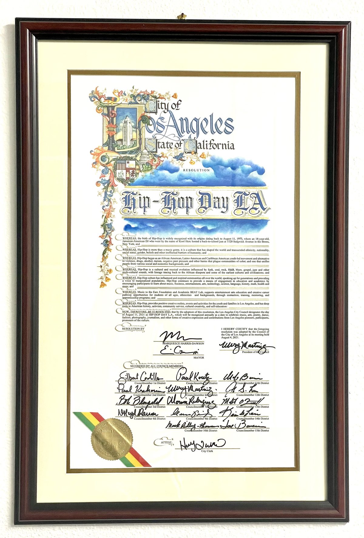 The framed City of Los Angeles resolution designating August 11 as Hip-Hop Day LA, signed by Councilmember Marqueece Harris-Dawson and seconded by all fifteen council members.